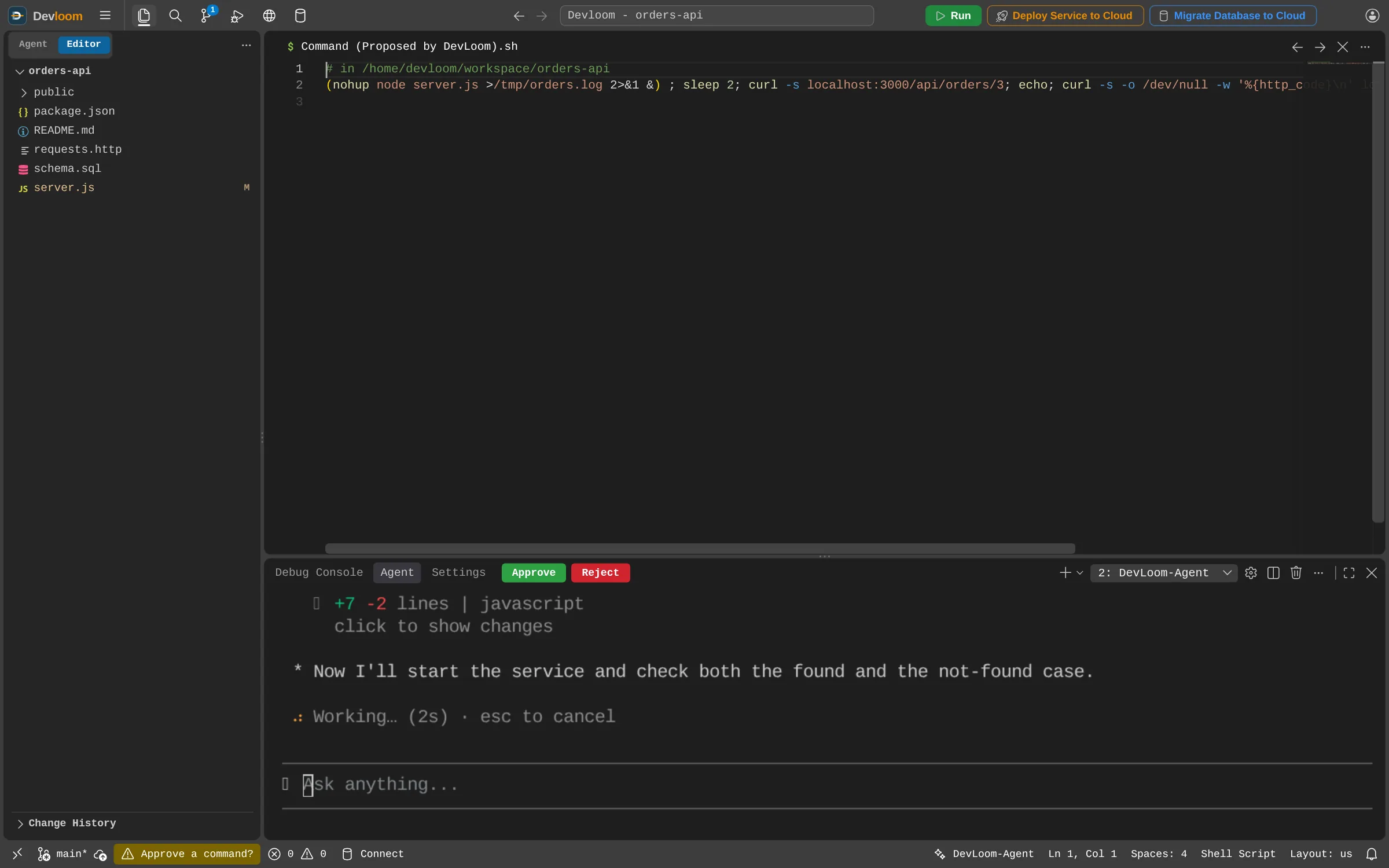 A command proposed by Devloom-Agent open in the editor, with Approve and Reject buttons above the chat