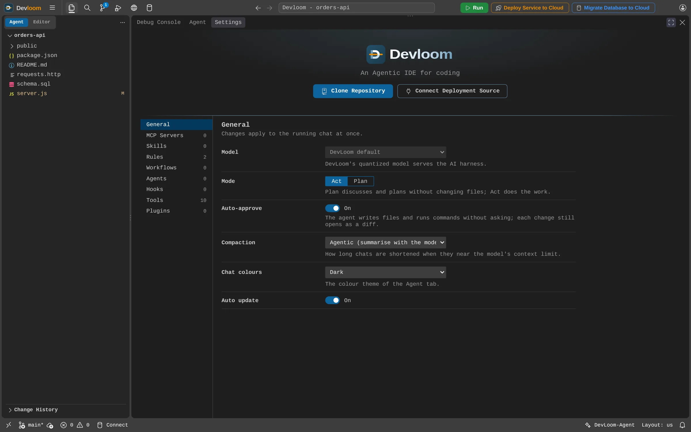 The Devloom-Agent settings tab: model, mode, auto-approve and compaction, with MCP servers, skills, rules, workflows, agents and hooks listed at the side