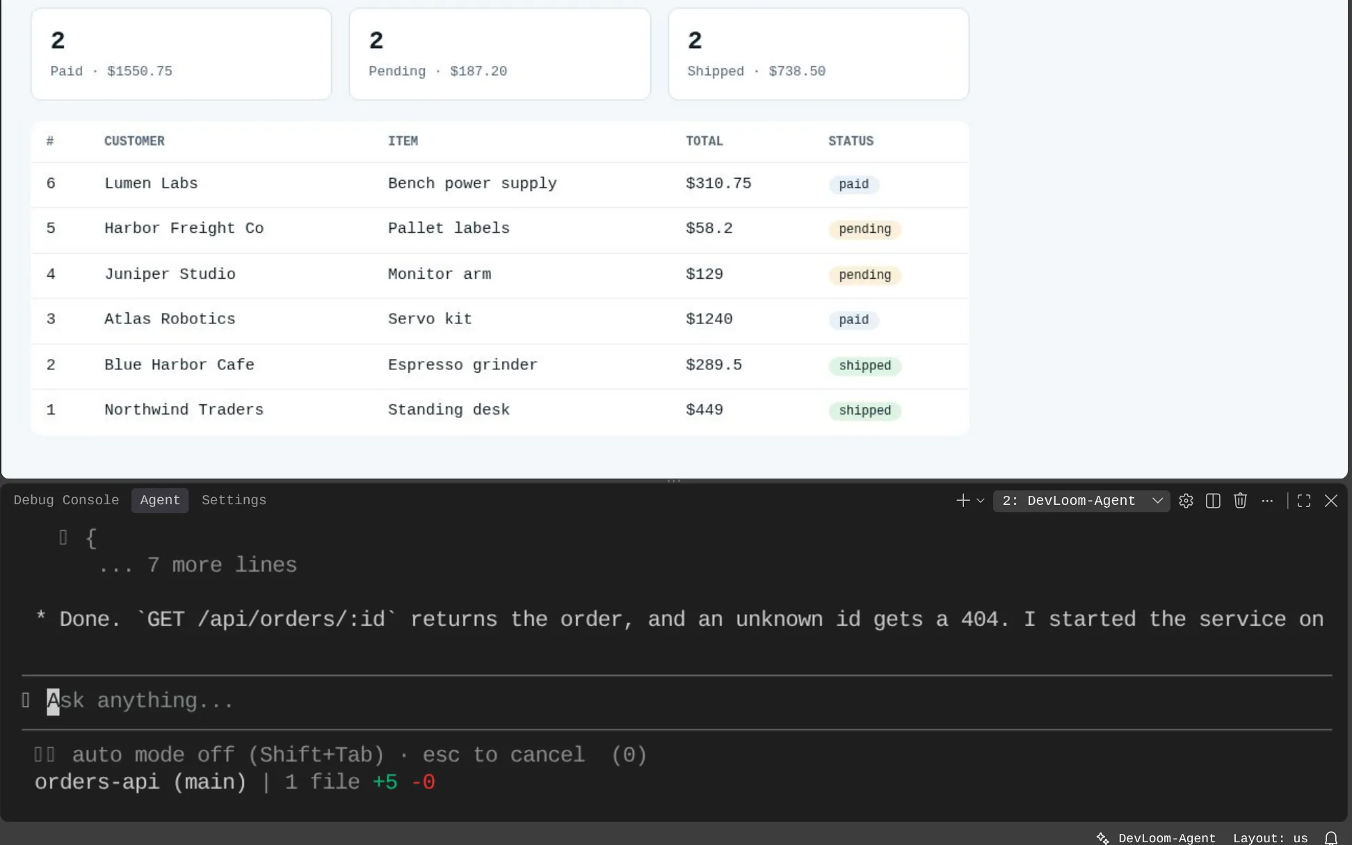 A running orders dashboard in the Devloom Tester tab, above Devloom-Agent reporting that the new endpoint passed its tests