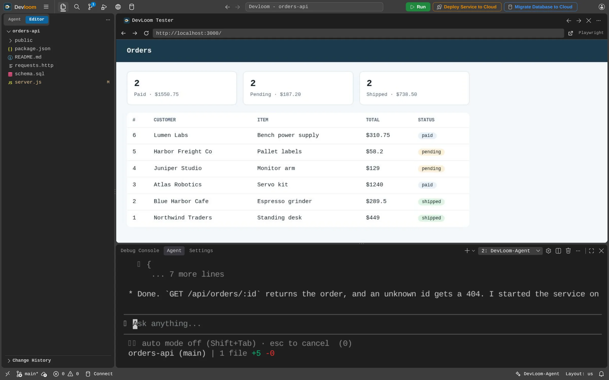 Devloom with a running orders dashboard open in the Devloom Tester tab, and Devloom-Agent reporting its test results in the panel below