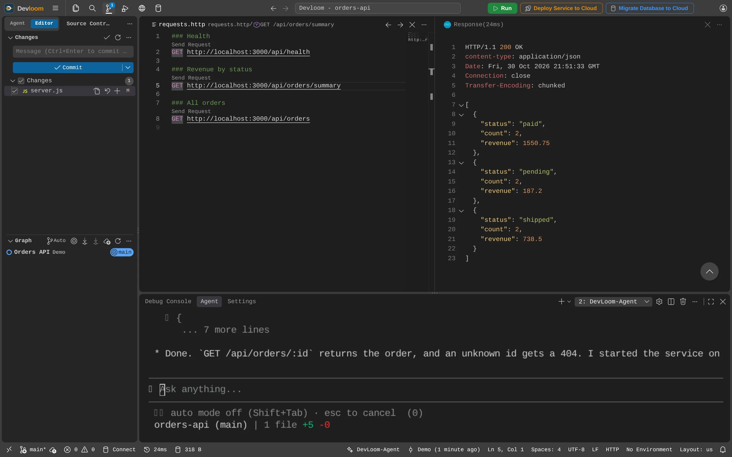 A requests.http file with a Send Request link on each request, next to the JSON response from the running service