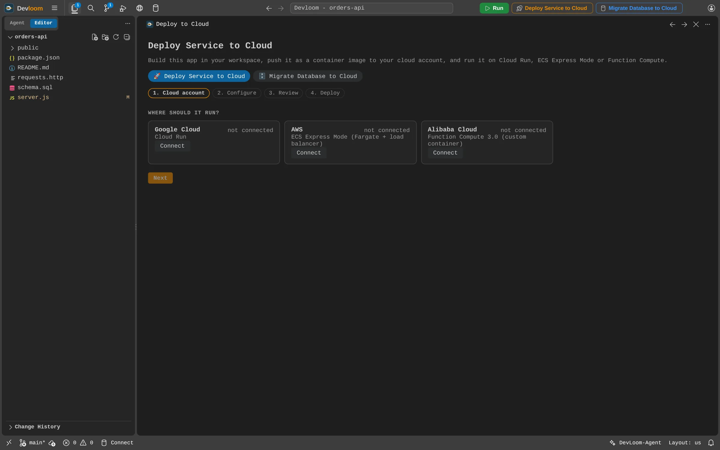 The Deploy Service to Cloud panel, offering Google Cloud Run, AWS ECS Express Mode and Alibaba Function Compute