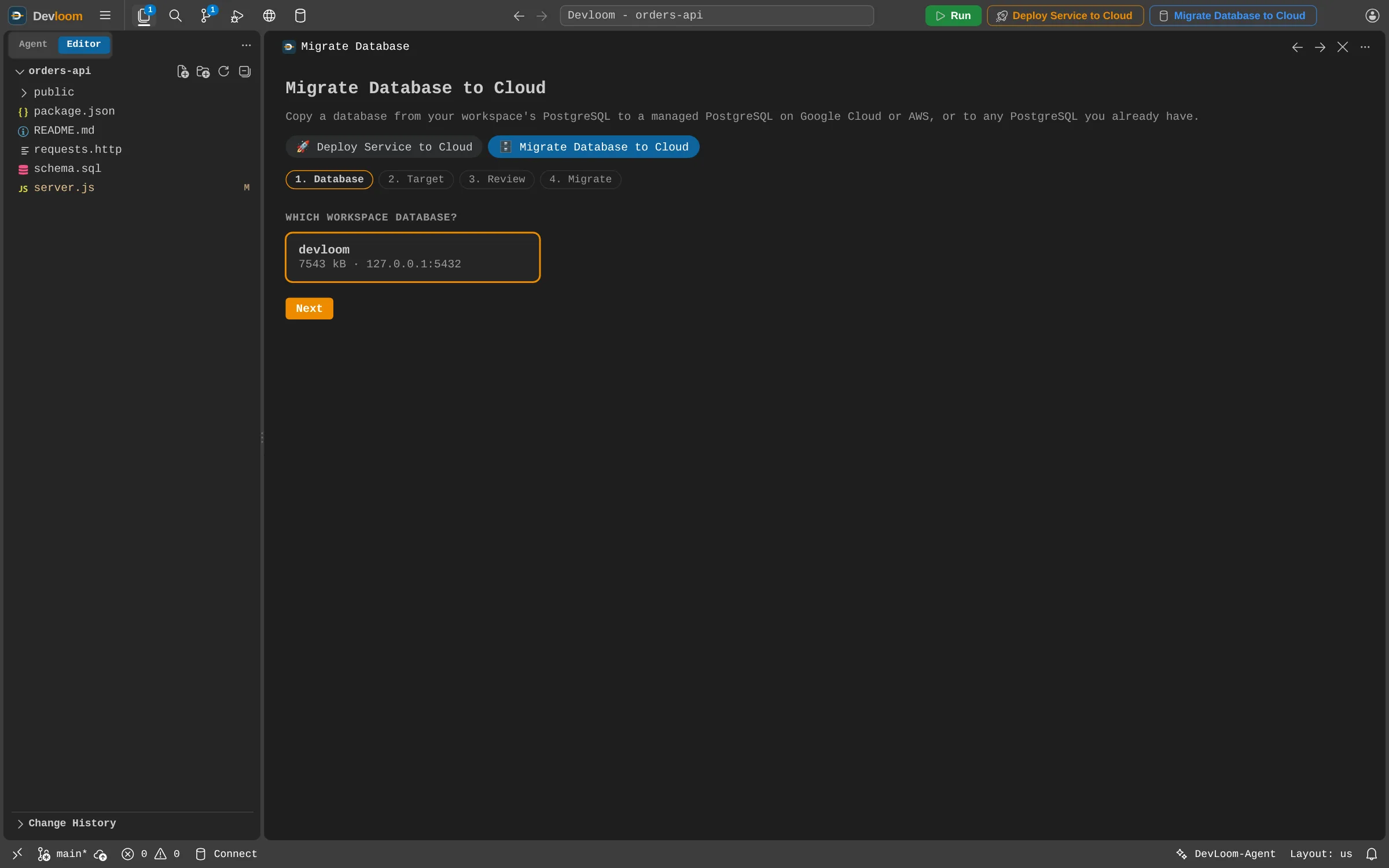 The Migrate Database to Cloud panel, with the workspace PostgreSQL database selected as the source