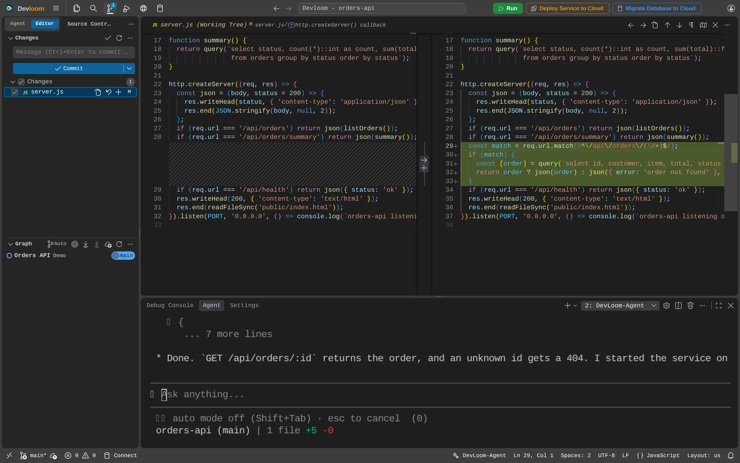 Source Control with a checkbox on each changed file, next to a side-by-side diff of the change